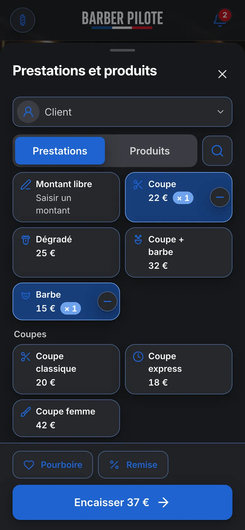 Étape 2 : on touche la coupe et la barbe, le total s’affiche.